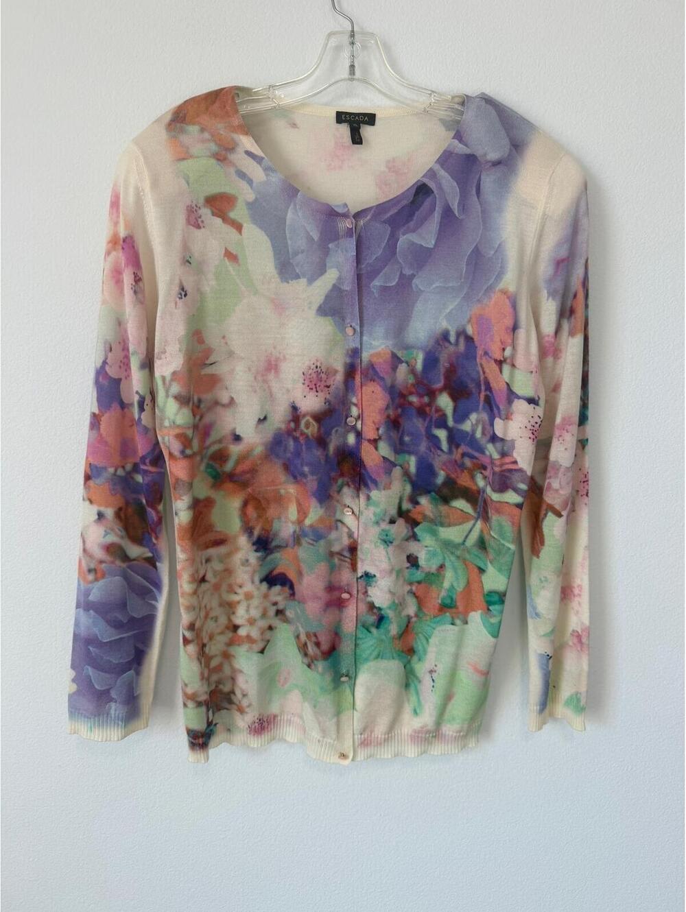 ESCADA Wool/Silk Abstract Long Sleeve Button Front Cardigan Sweater Size XL